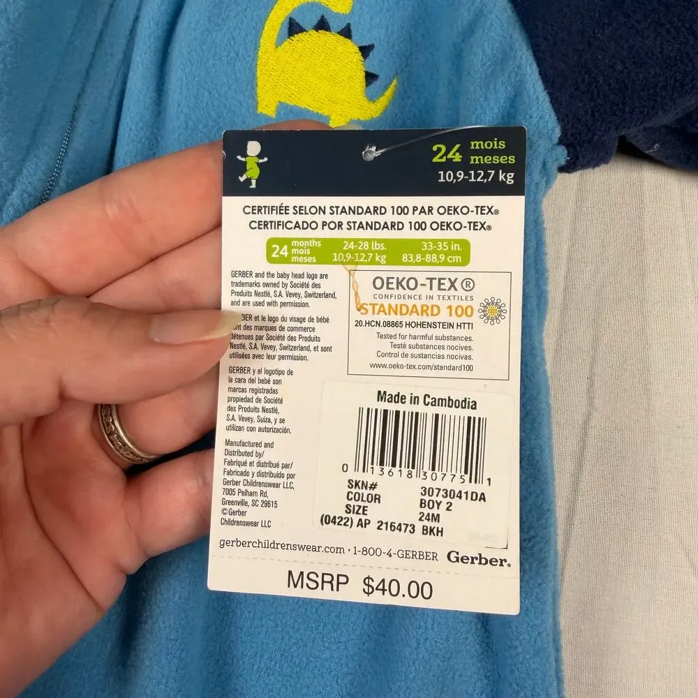 Gerber Footed Pajamas Boys 24 Months 2 Pc Fleece Blue Dinosaurs Zip Closure NWT